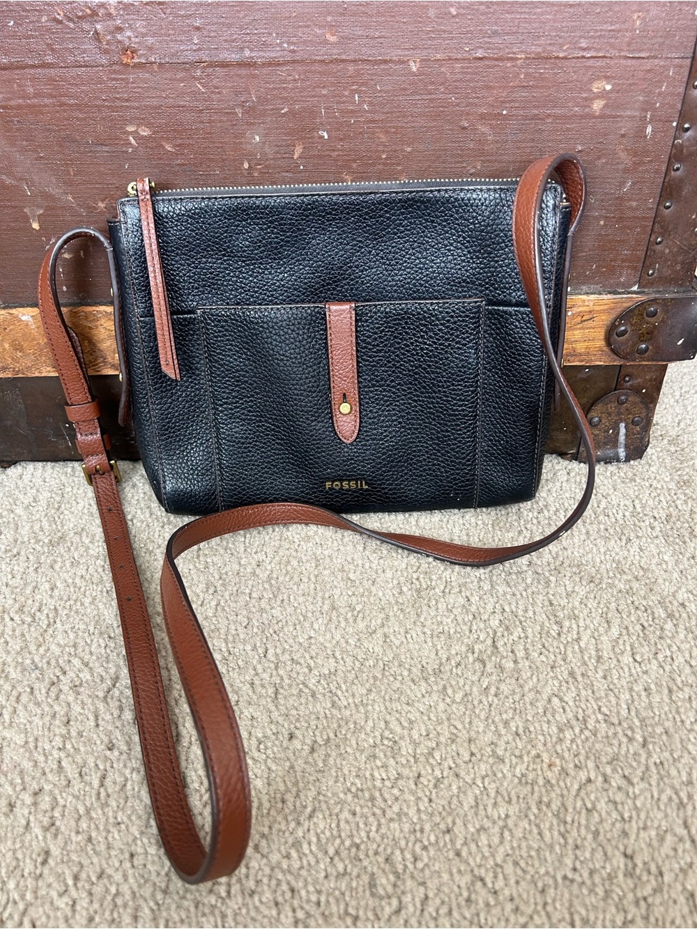 Fossil Black Pebbled Leather Crossbody with Brown Trim